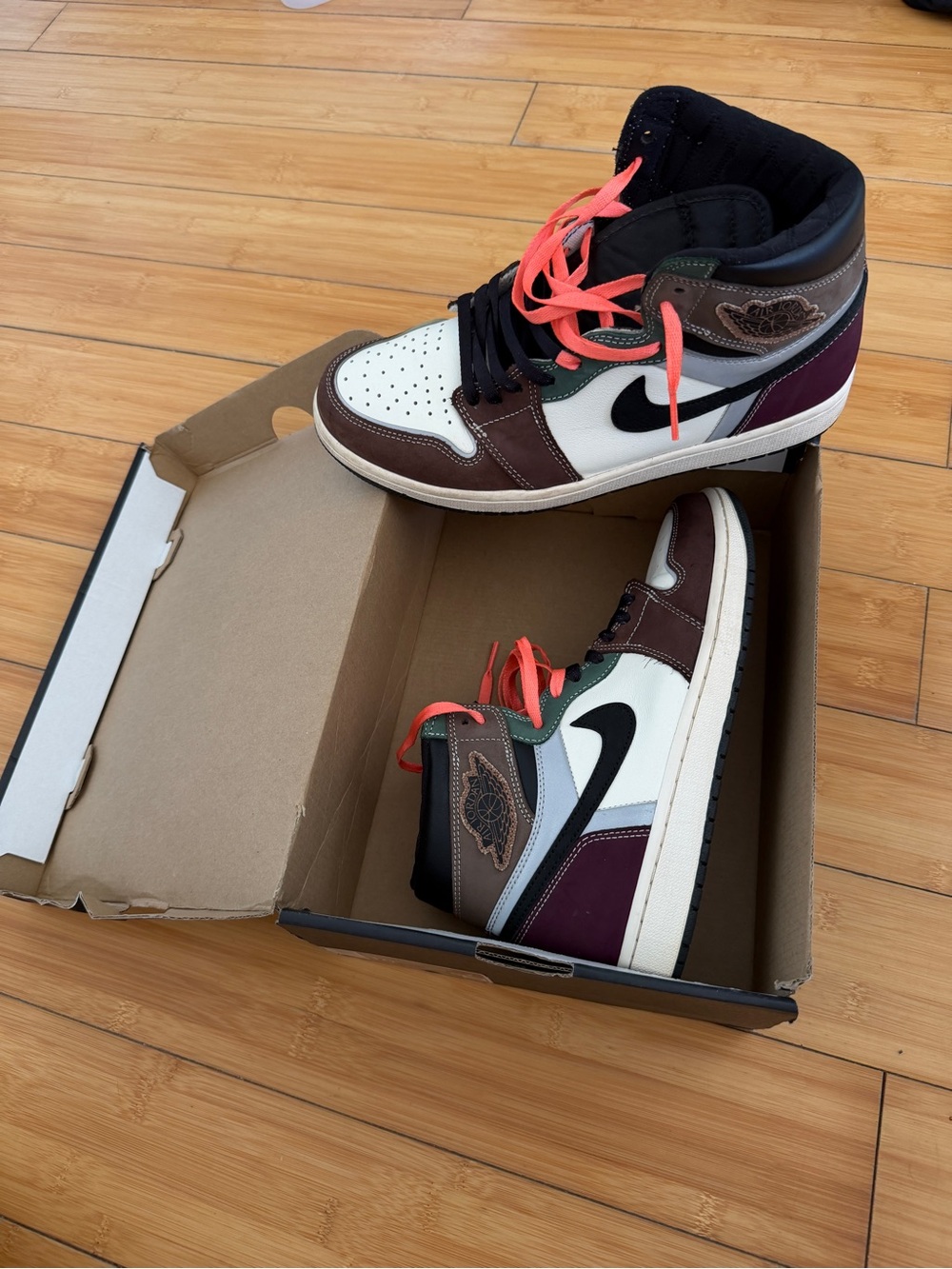 Nike Air Jordan 1 Mid - White, Brown, Black & Burgundy with Neon Orange Laces